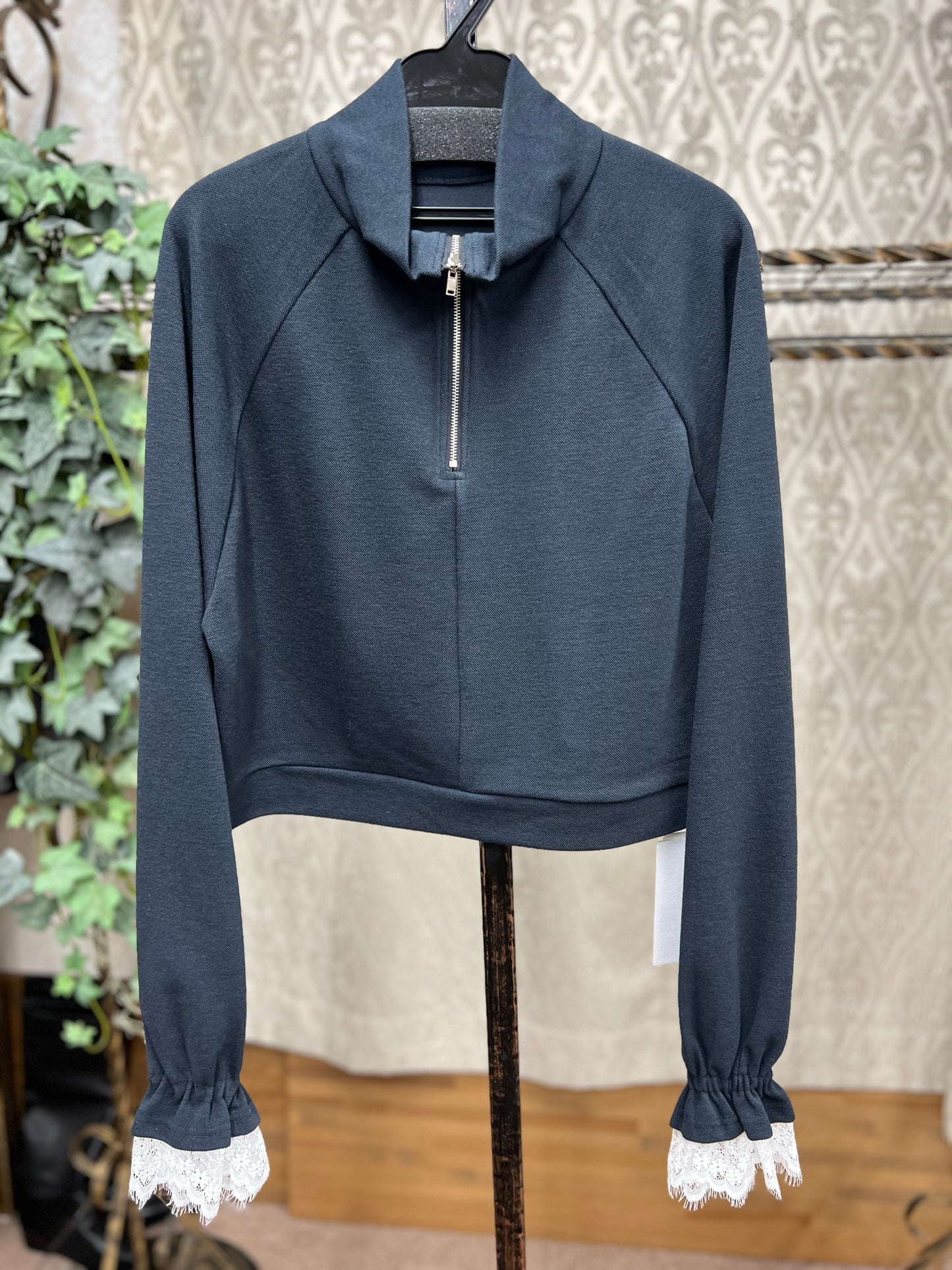 TEVALT ハーフジップ配色レースTOPS