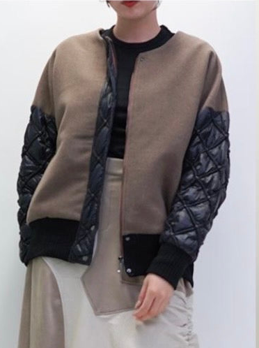 【予約商品11月中旬】 33℃ ニット切替キルティングノーカラー配色ブルゾン
