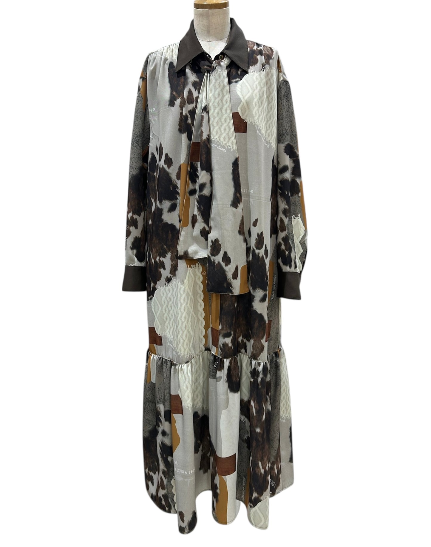 ◎【ラスト1点】Eimee Law カウ柄デニムコラージュptボウタイOP