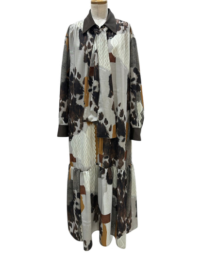 ◎【ラスト1点】Eimee Law カウ柄デニムコラージュptボウタイOP