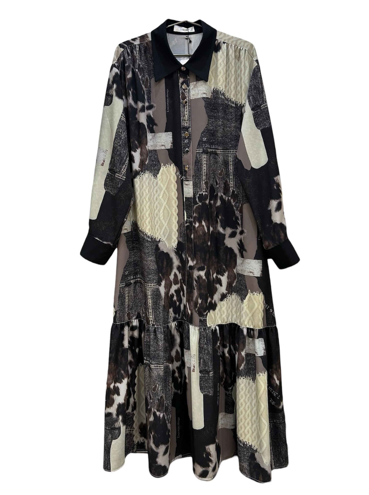 ◎【ラスト1点】Eimee Law カウ柄デニムコラージュptボウタイOP