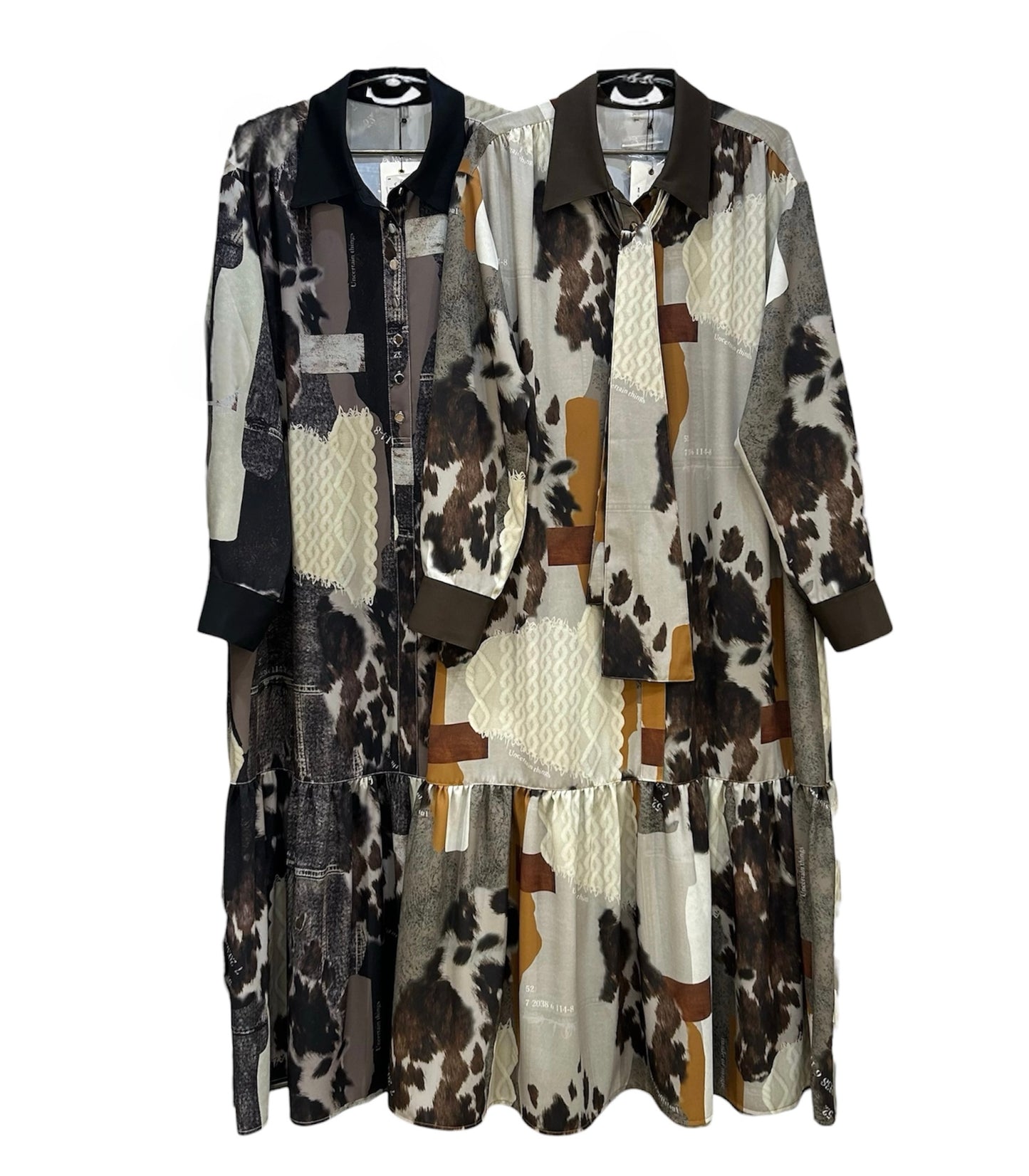 ◎【ラスト1点】Eimee Law カウ柄デニムコラージュptボウタイOP