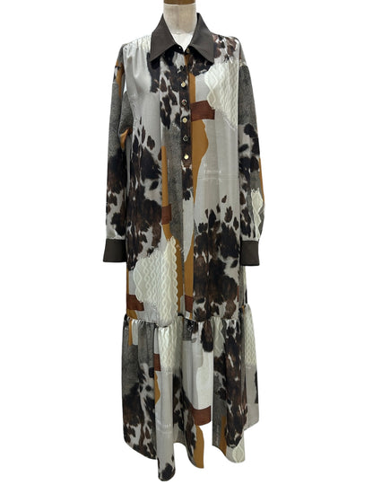 ◎【ラスト1点】Eimee Law カウ柄デニムコラージュptボウタイOP