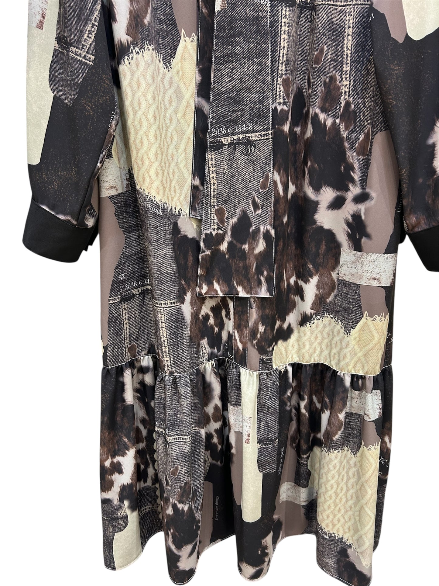 ◎【ラスト1点】Eimee Law カウ柄デニムコラージュptボウタイOP