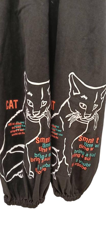 ◎CAT柄ブラックデニムサロペット