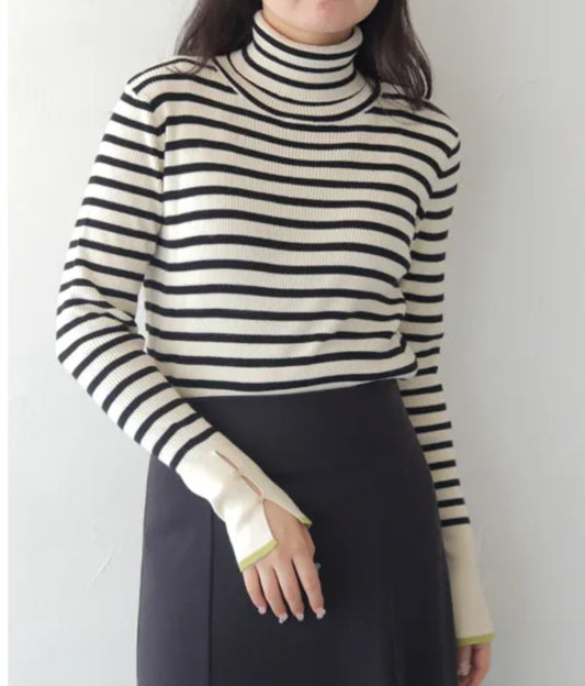 vingtrois 配色ラインタートルニット