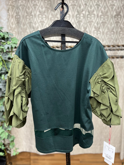DOLLUPOOPS フリルスリーブ配色ステッチへムシアーTOPS