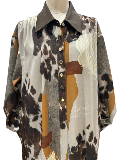 ◎【ラスト1点】Eimee Law カウ柄デニムコラージュptボウタイOP