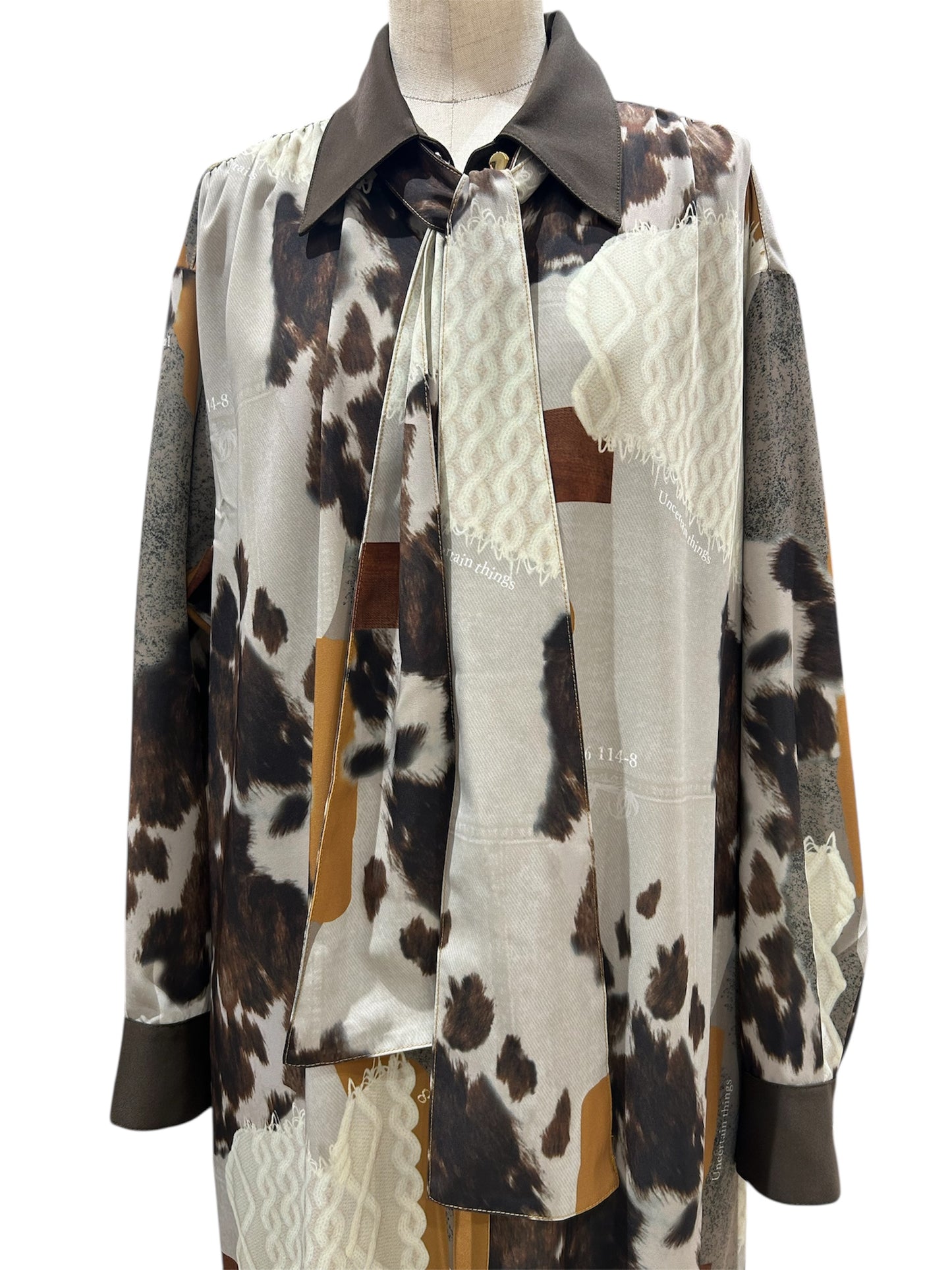 ◎【ラスト1点】Eimee Law カウ柄デニムコラージュptボウタイOP