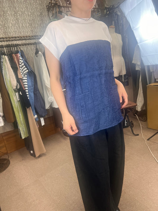 デニム風シワ加工ドッキングTシャツ